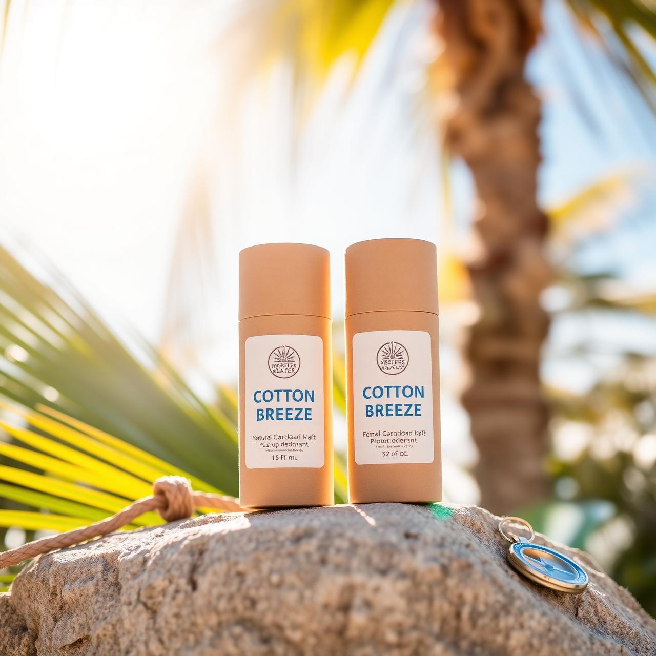 Cotton Breeze cardboard deodorant tubes on a sun-warmed rock with palm leaves and adventure details
