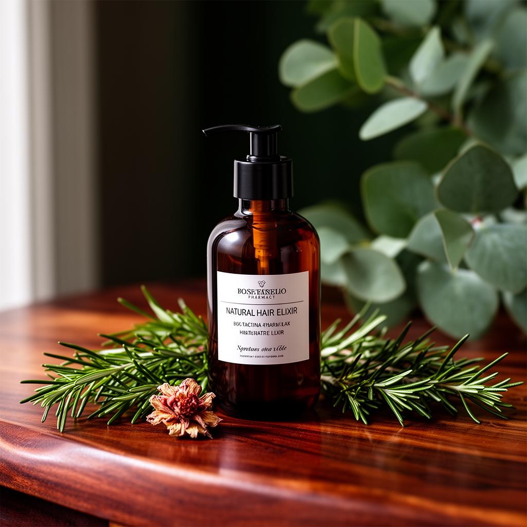 Dark amber glass bottle of natural anti-gray hair elixir on walnut wood with fresh rosemary sprigs