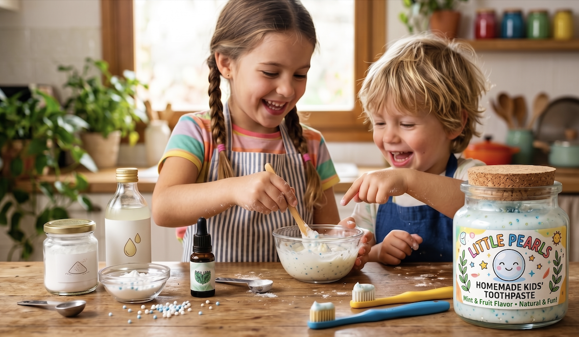 Kids making natural organic toothpaste at home with ingredients on the table